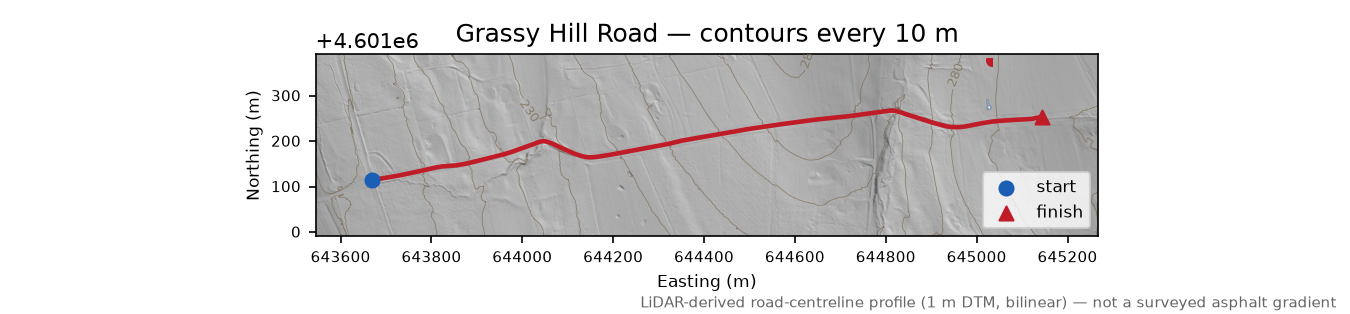 Grassy Hill Road LiDAR hillshade map with contours