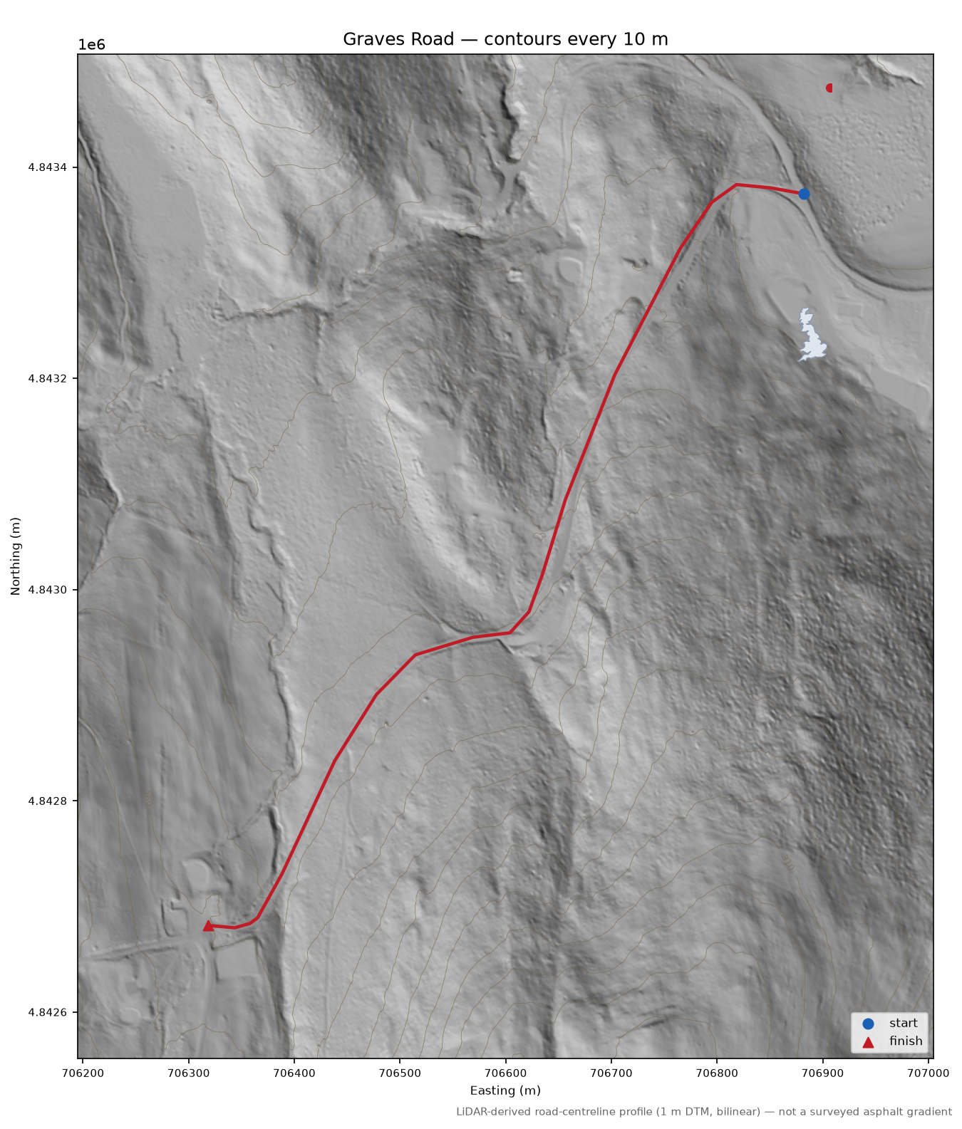 Graves Road LiDAR hillshade map with contours