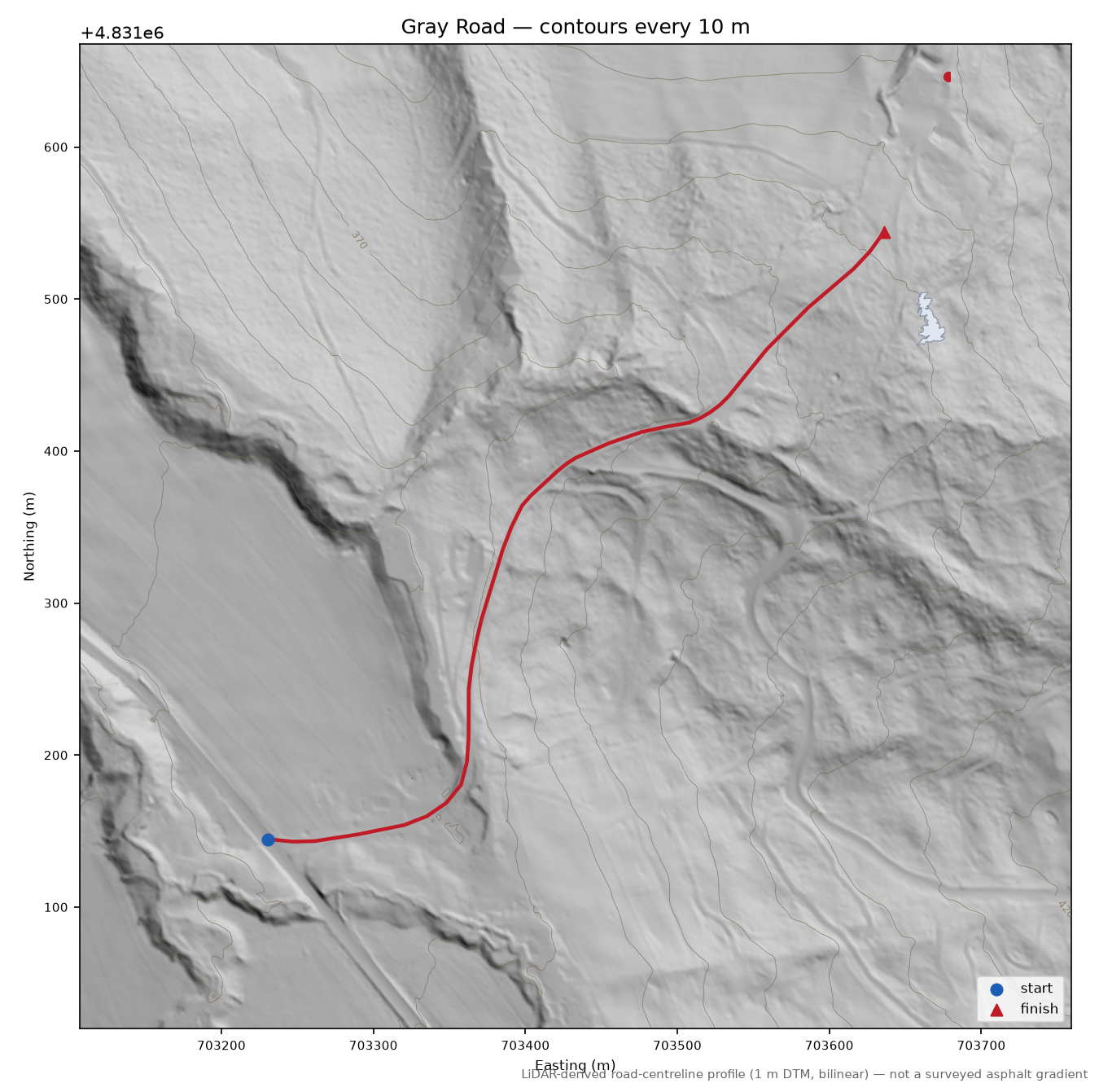 Gray Road LiDAR hillshade map with contours