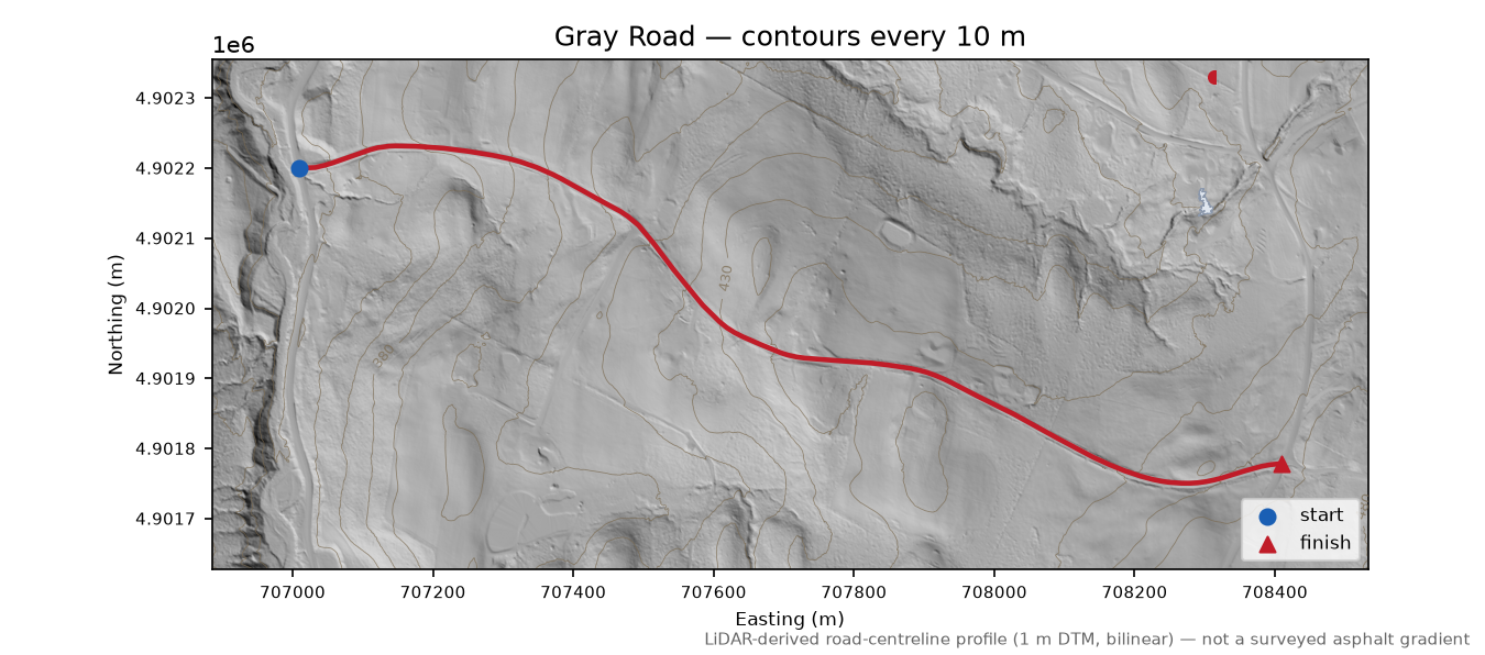 Gray Road LiDAR hillshade map with contours