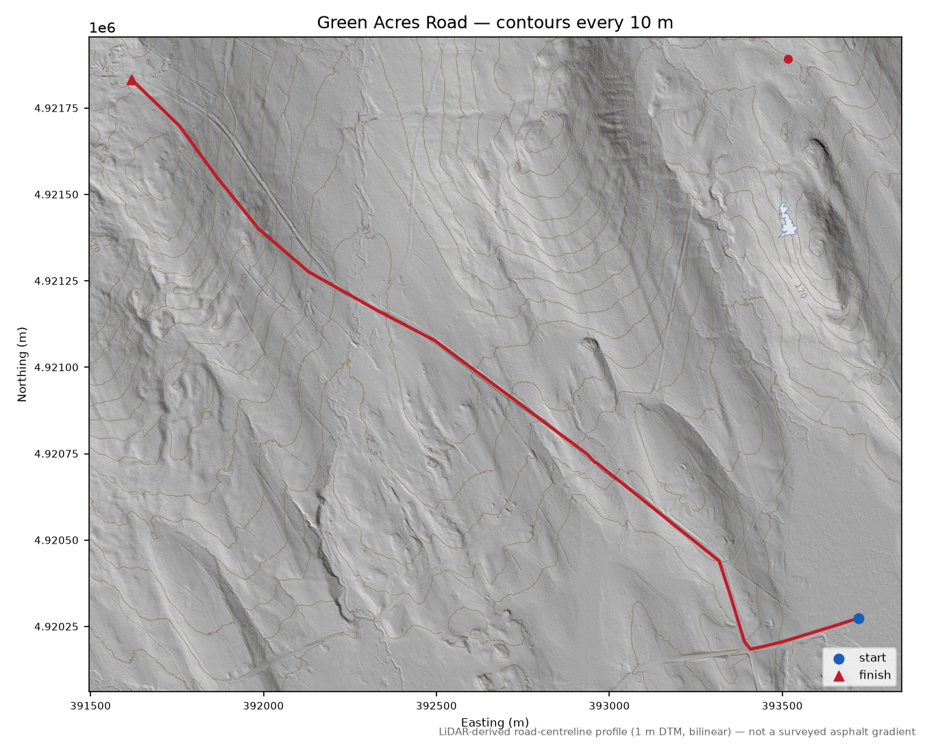 Green Acres Road LiDAR hillshade map with contours