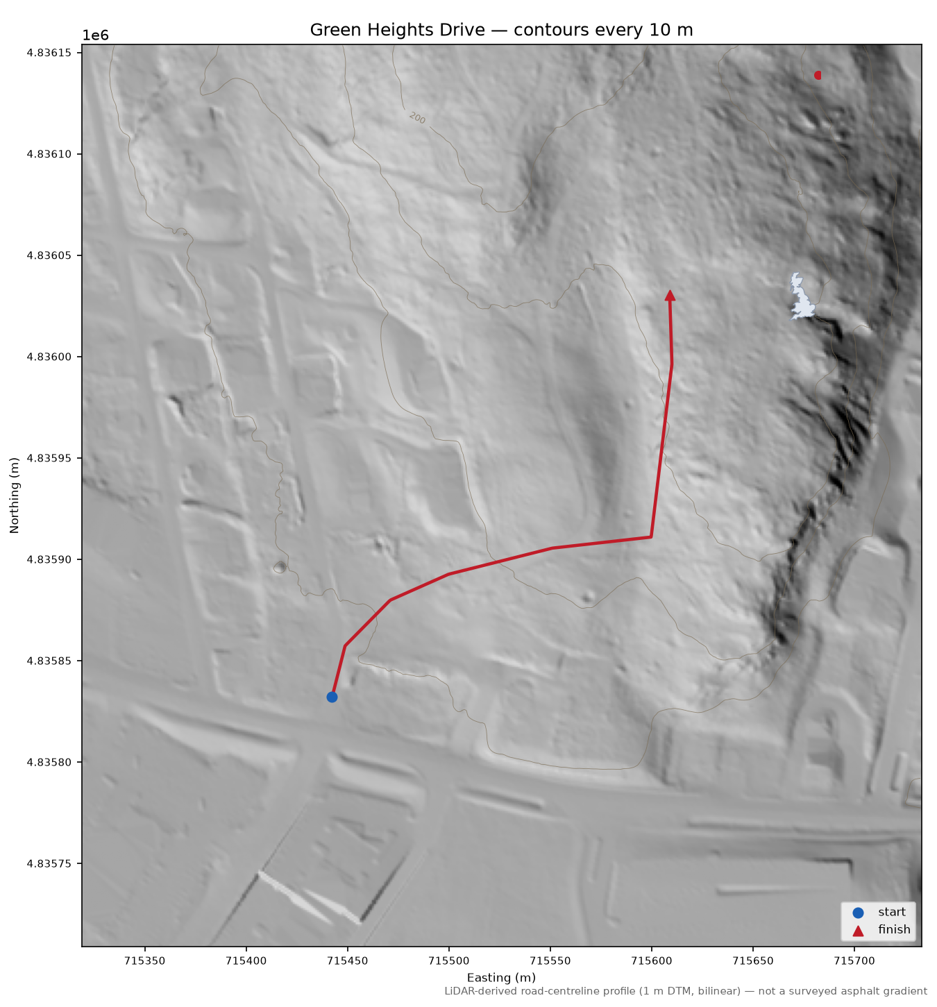 Green Heights Drive LiDAR hillshade map with contours