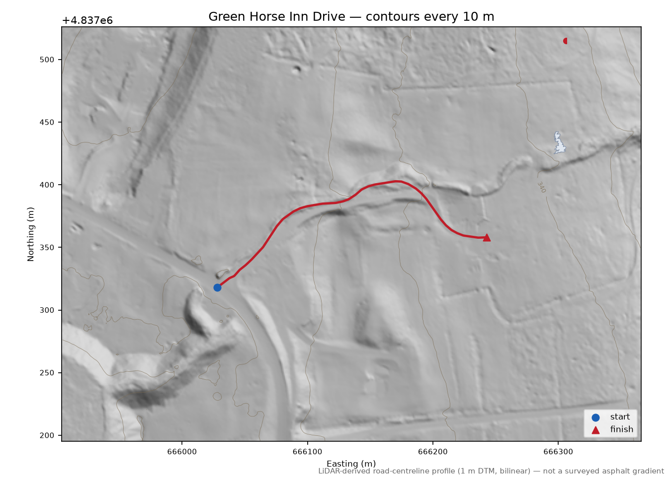 Green Horse Inn Drive LiDAR hillshade map with contours