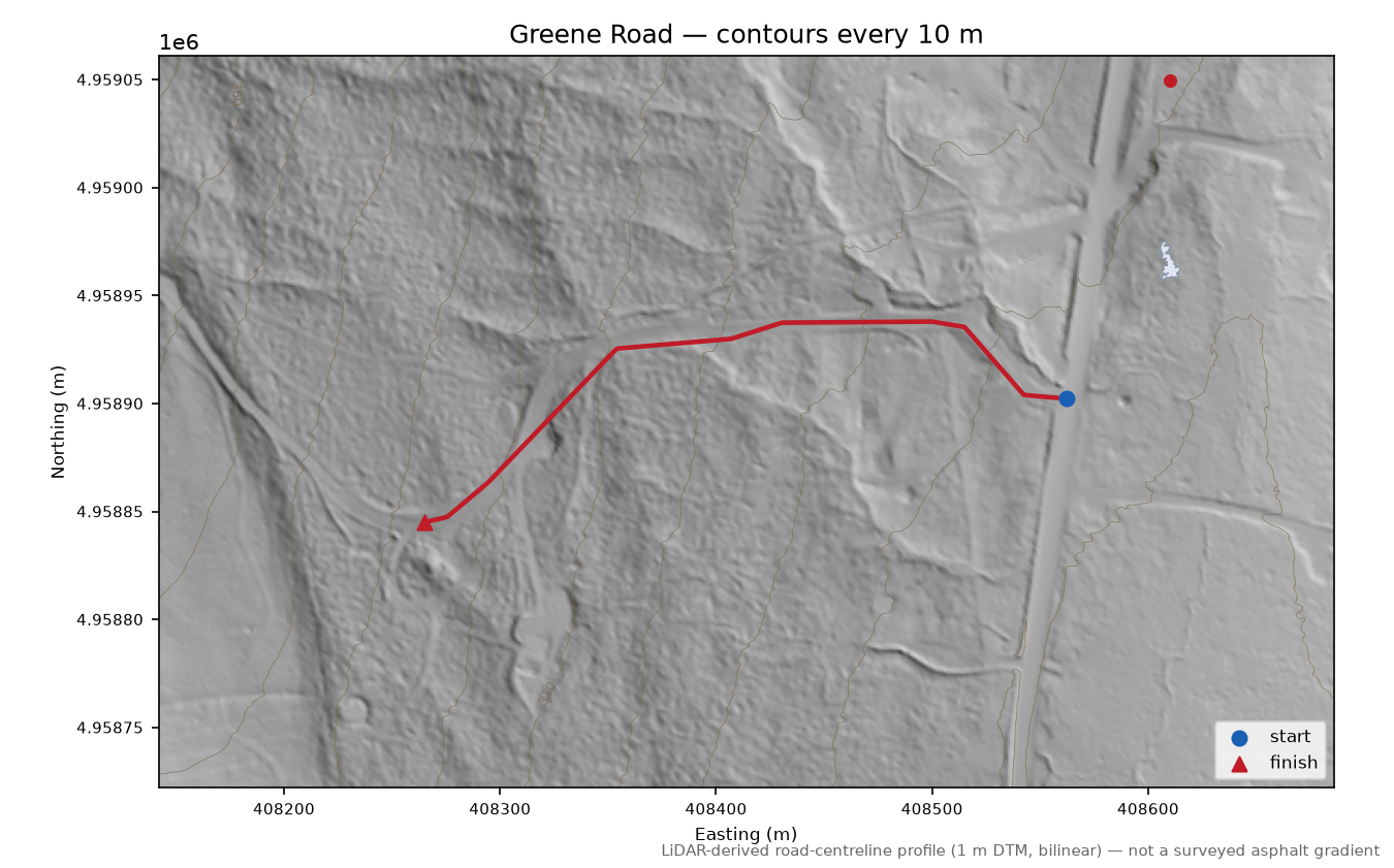Greene Road LiDAR hillshade map with contours