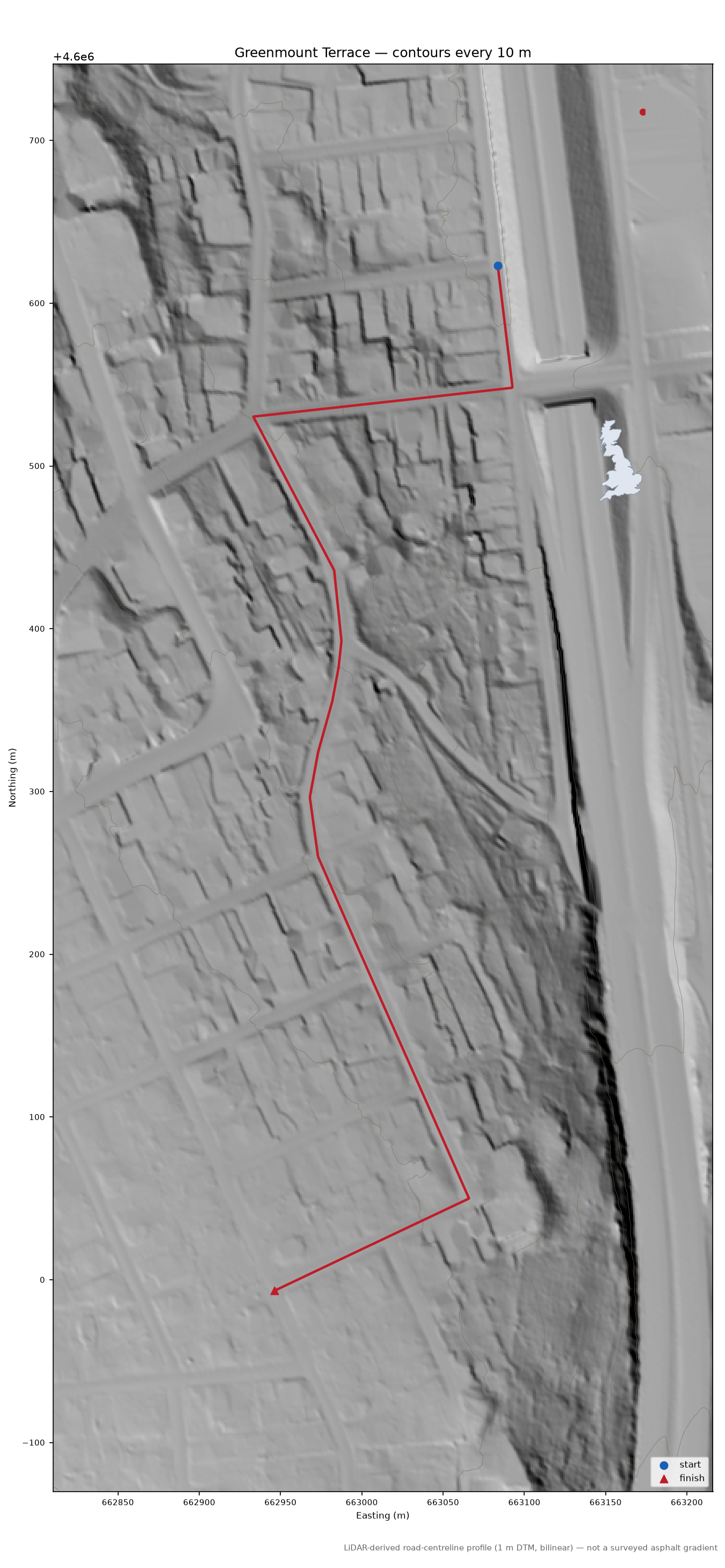 Greenmount Terrace LiDAR hillshade map with contours