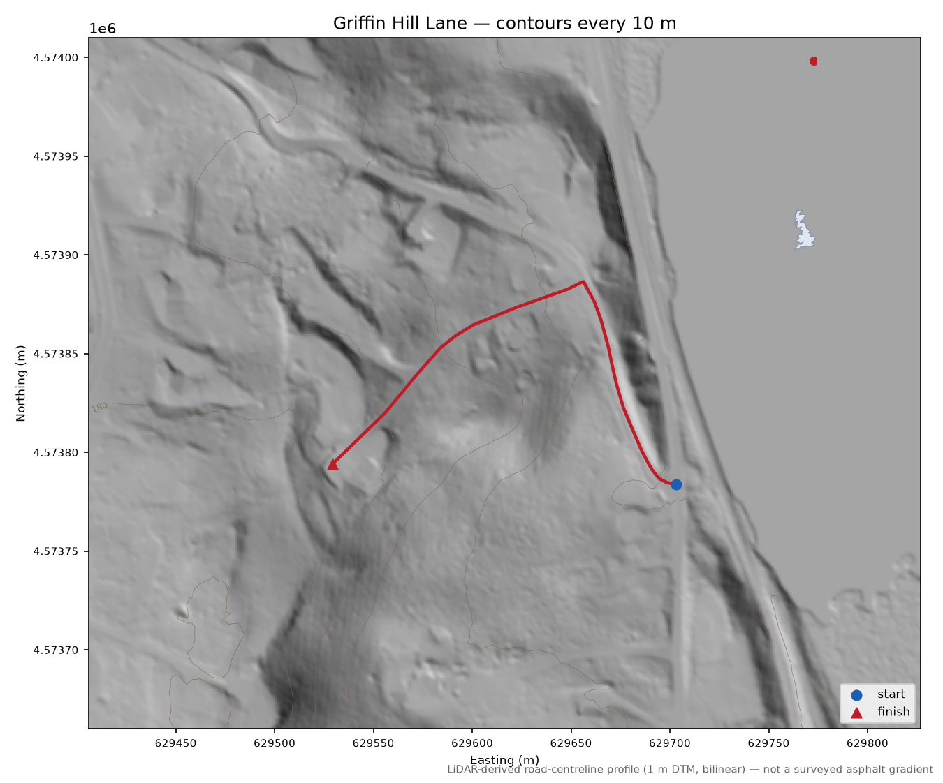 Griffin Hill Lane LiDAR hillshade map with contours
