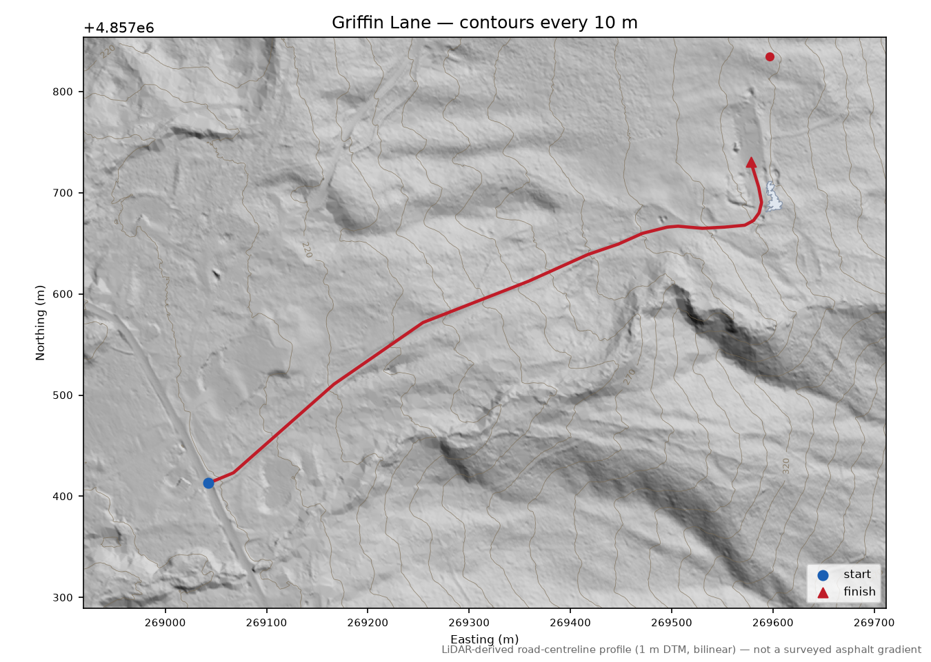 Griffin Lane LiDAR hillshade map with contours