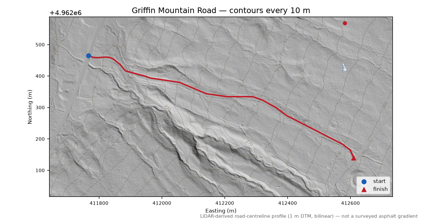 Griffin Mountain Road LiDAR hillshade map with contours