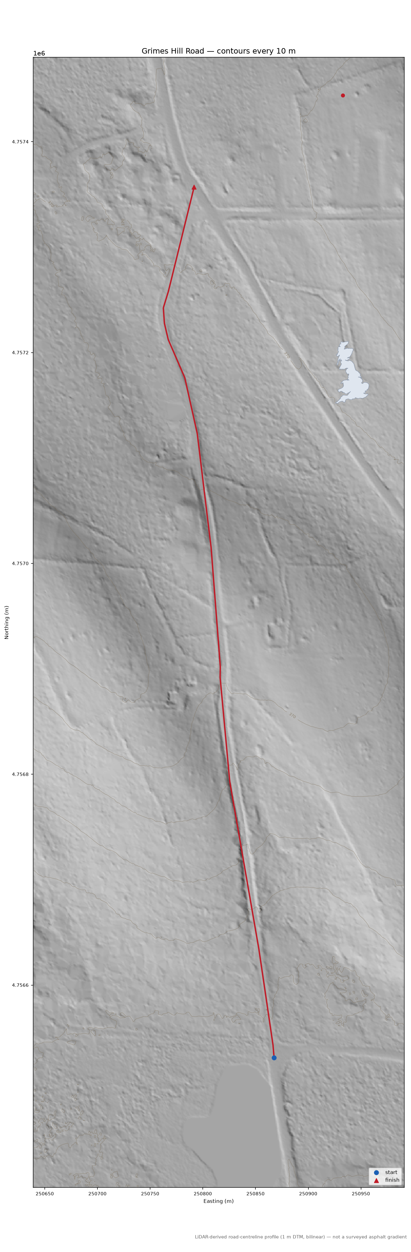 Grimes Hill Road LiDAR hillshade map with contours