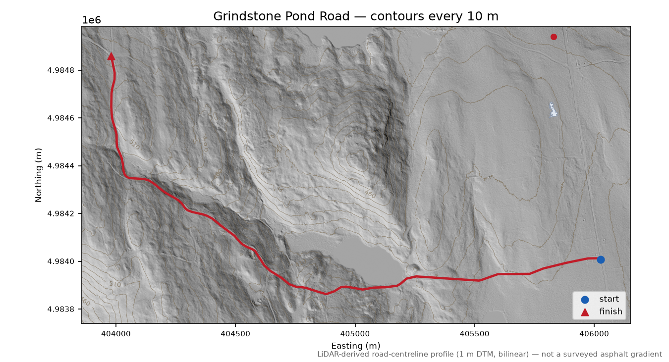 Grindstone Pond Road LiDAR hillshade map with contours