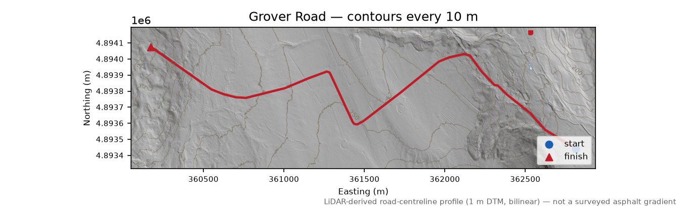 Grover Road LiDAR hillshade map with contours