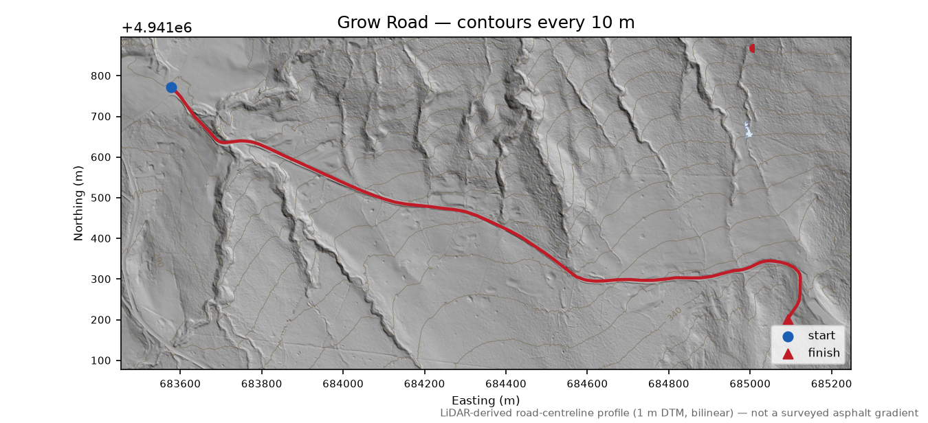Grow Road LiDAR hillshade map with contours