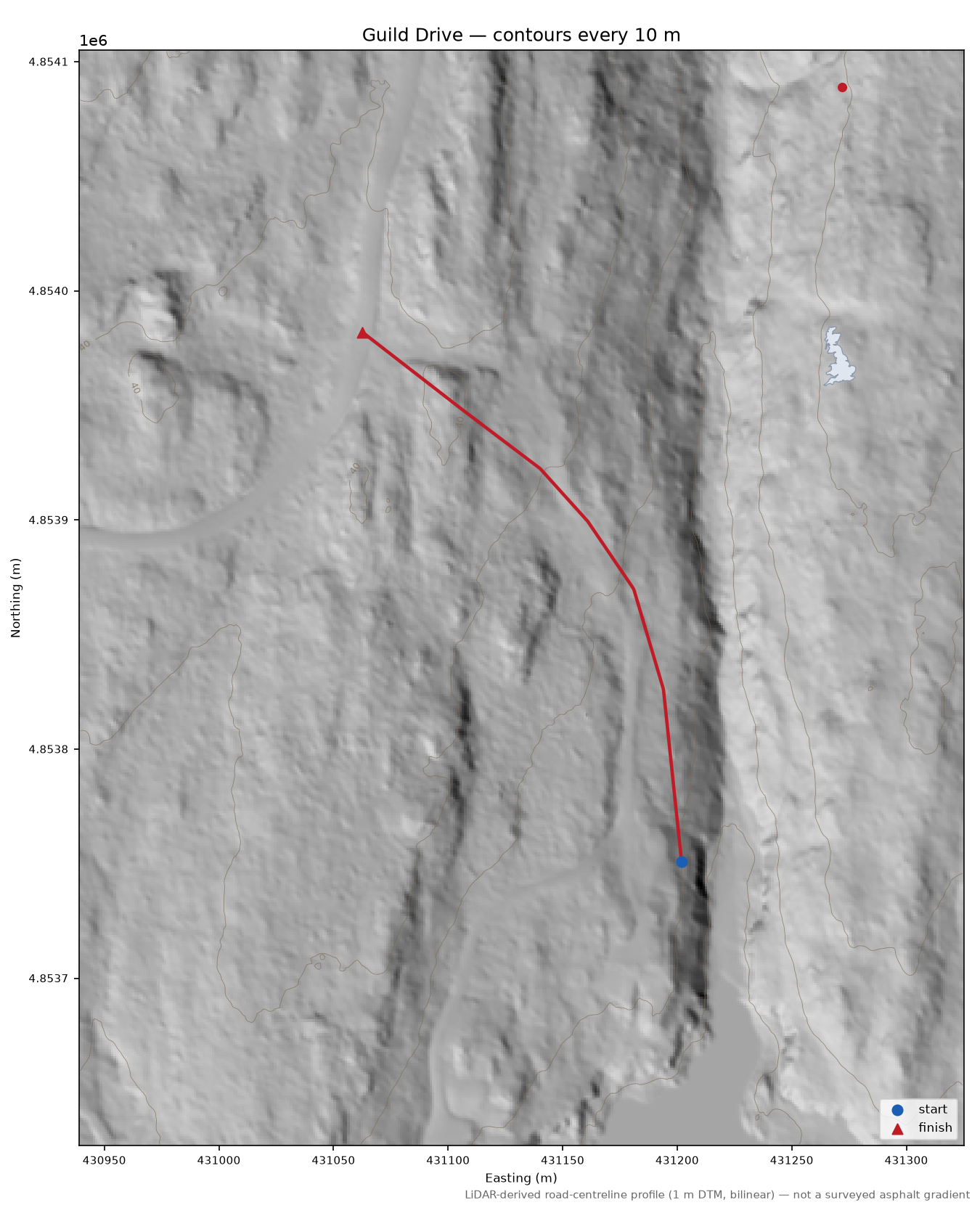Guild Drive LiDAR hillshade map with contours