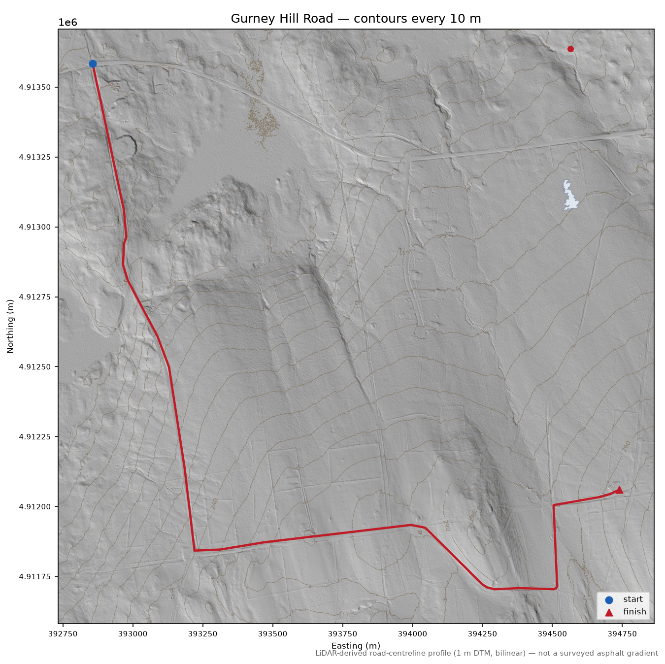 Gurney Hill Road LiDAR hillshade map with contours