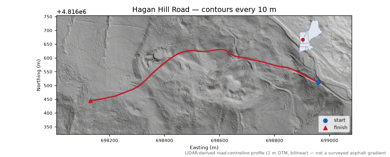 Hagan Hill Road LiDAR hillshade map with contours
