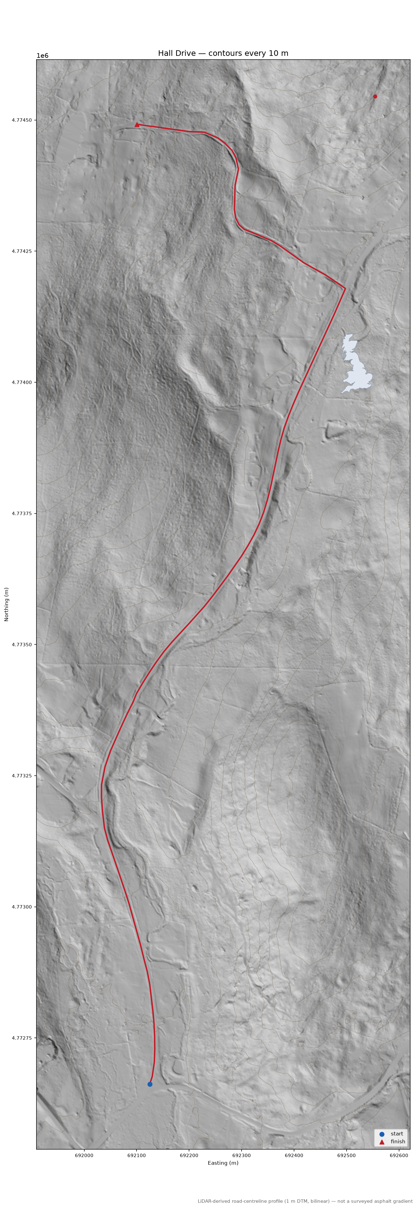 Hall Drive LiDAR hillshade map with contours