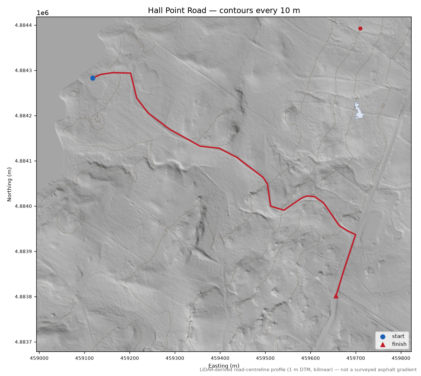 Hall Point Road LiDAR hillshade map with contours