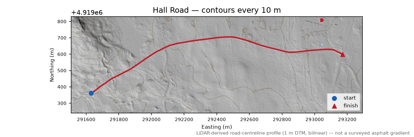Hall Road LiDAR hillshade map with contours