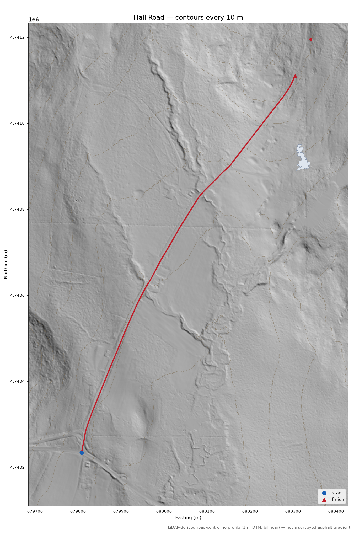 Hall Road LiDAR hillshade map with contours