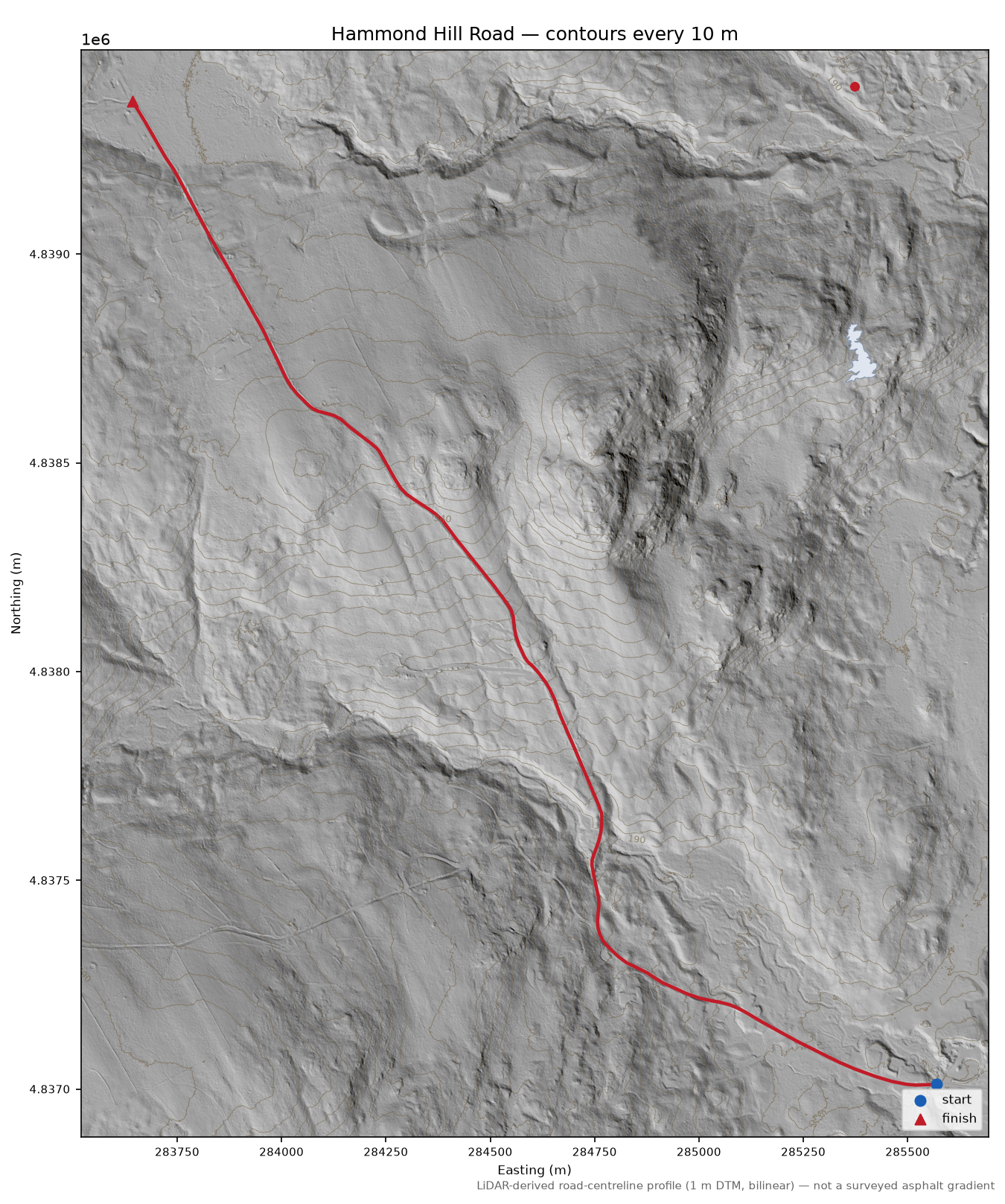 Hammond Hill Road LiDAR hillshade map with contours