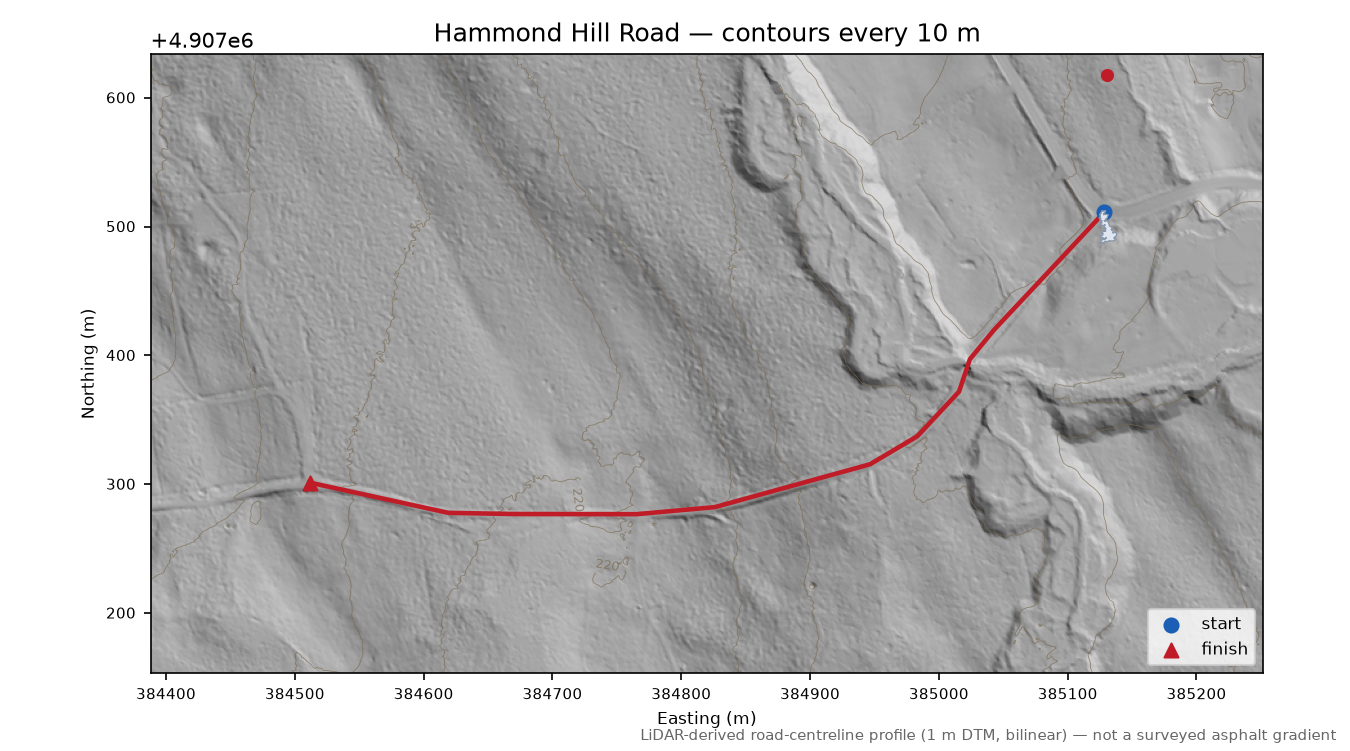 Hammond Hill Road LiDAR hillshade map with contours