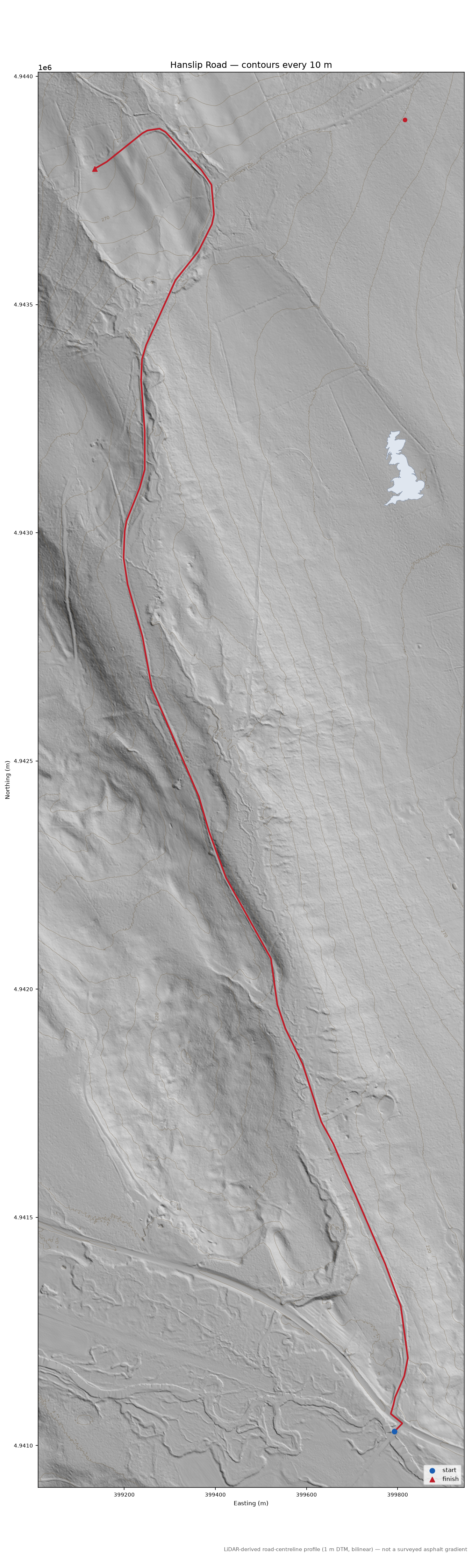 Hanslip Road LiDAR hillshade map with contours