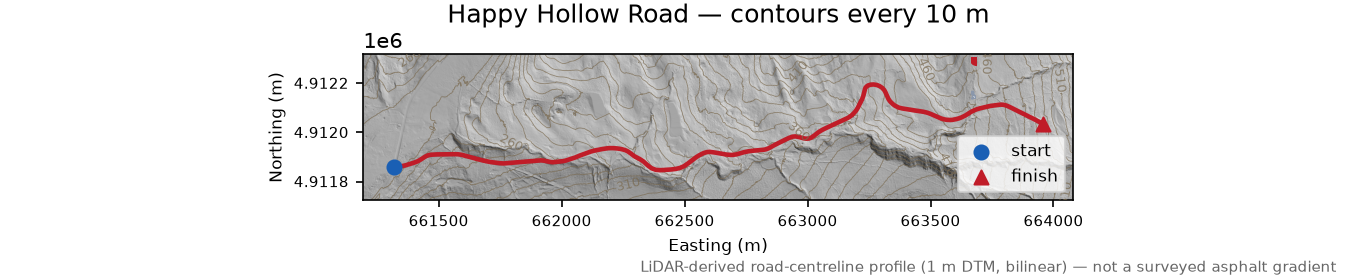 Happy Hollow Road LiDAR hillshade map with contours