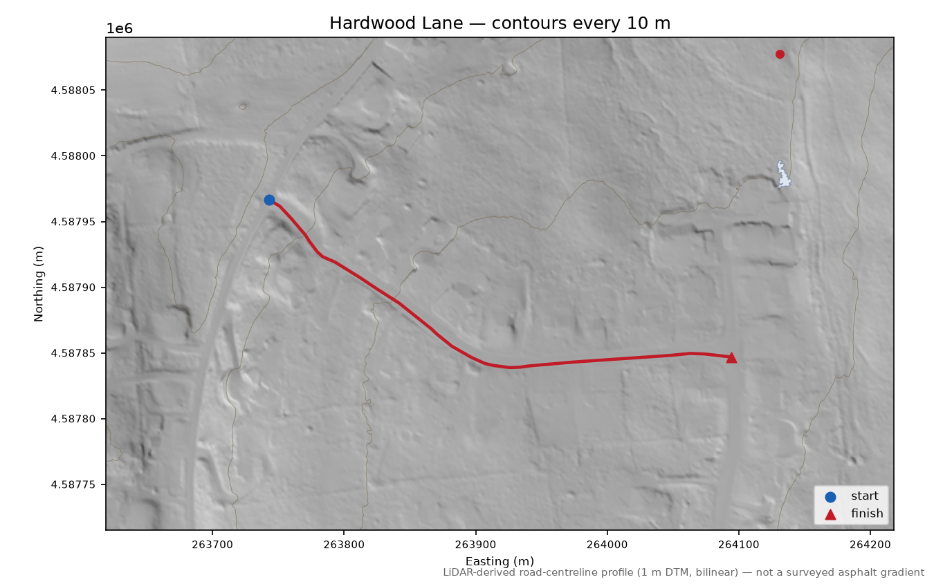 Hardwood Lane LiDAR hillshade map with contours