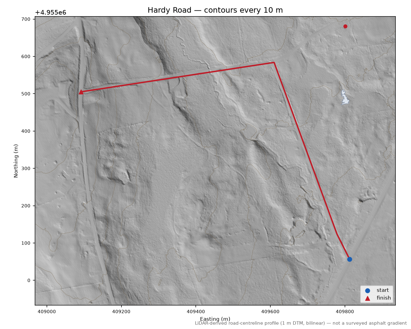 Hardy Road LiDAR hillshade map with contours