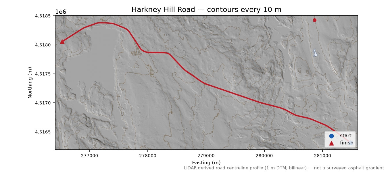 Harkney Hill Road LiDAR hillshade map with contours