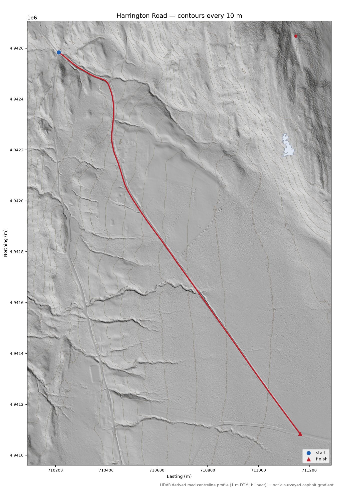 Harrington Road LiDAR hillshade map with contours