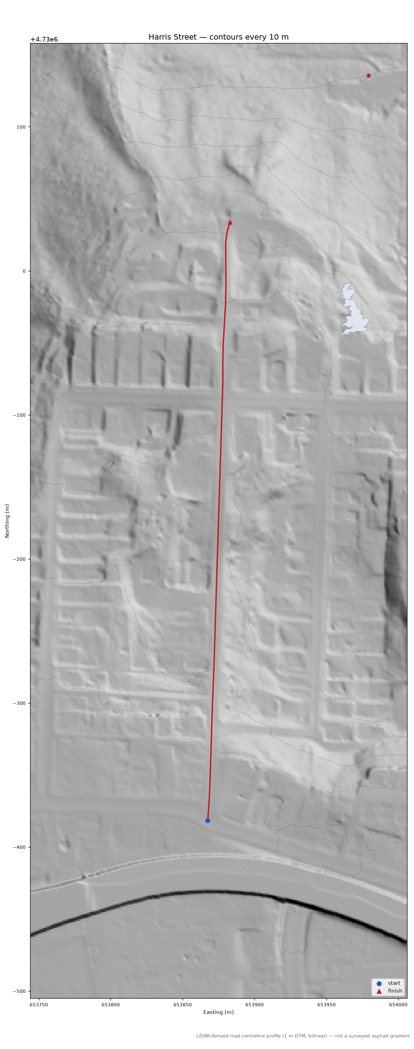 Harris Street LiDAR hillshade map with contours