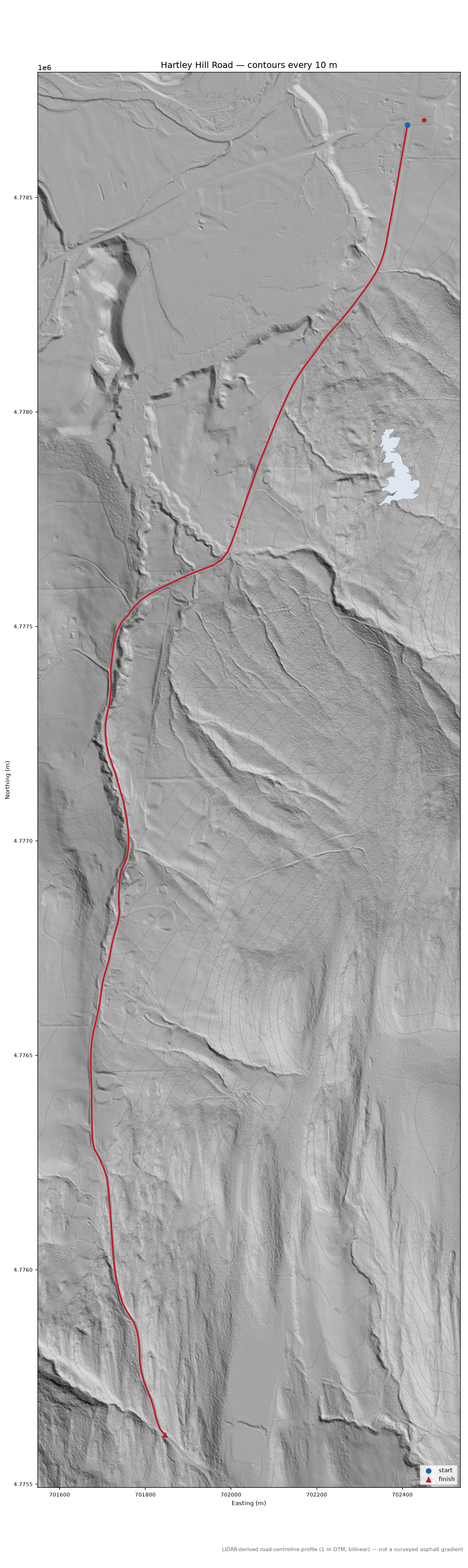 Hartley Hill Road LiDAR hillshade map with contours