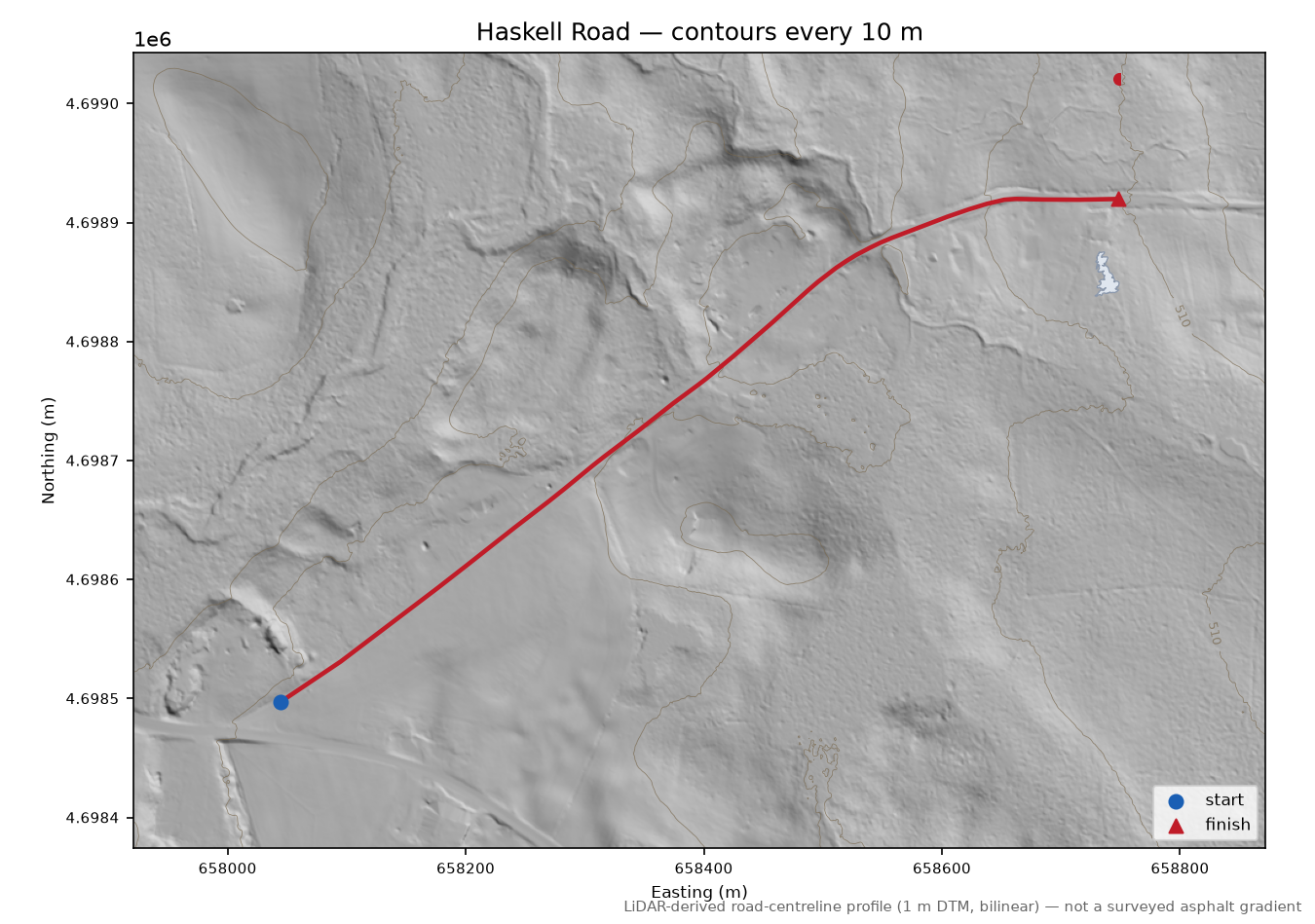 Haskell Road LiDAR hillshade map with contours