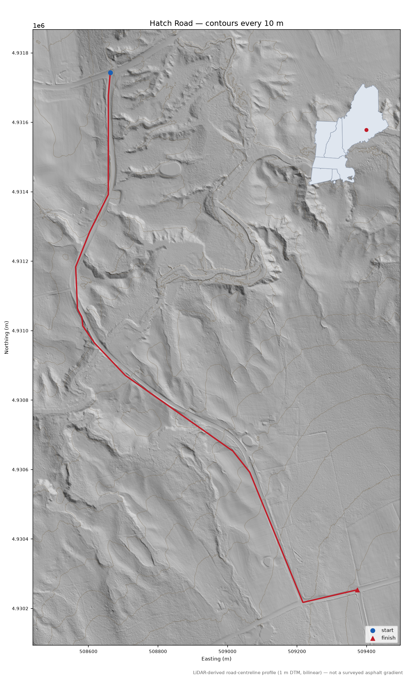 Hatch Road LiDAR hillshade map with contours