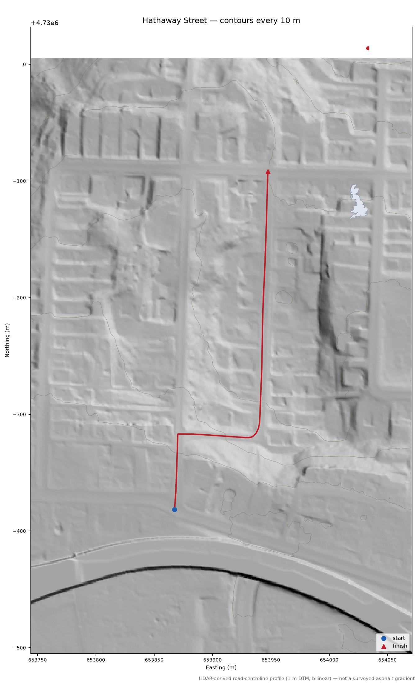 Hathaway Street LiDAR hillshade map with contours
