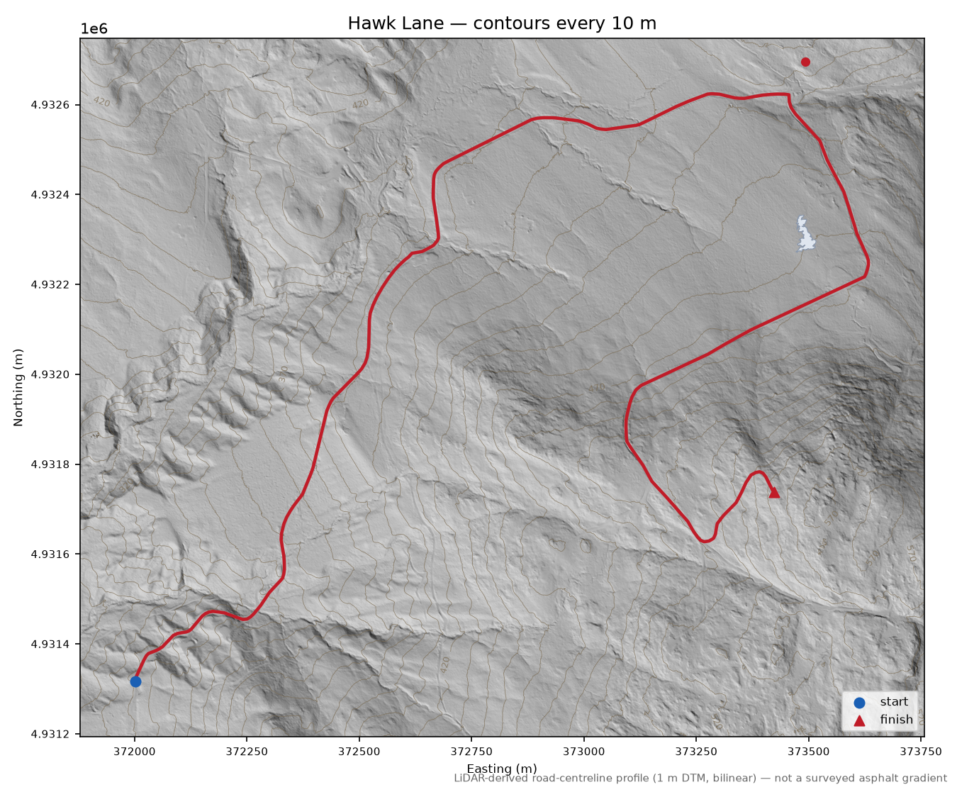 Hawk Lane LiDAR hillshade map with contours