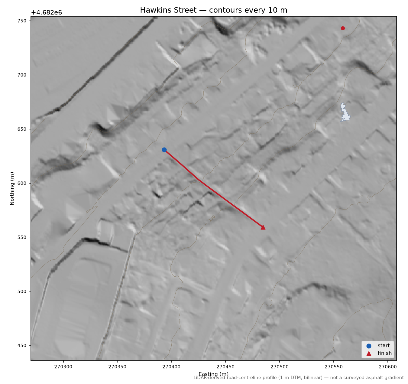 Hawkins Street LiDAR hillshade map with contours