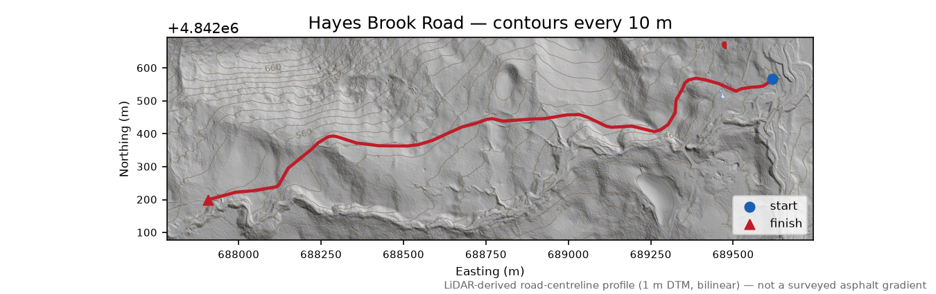 Hayes Brook Road LiDAR hillshade map with contours