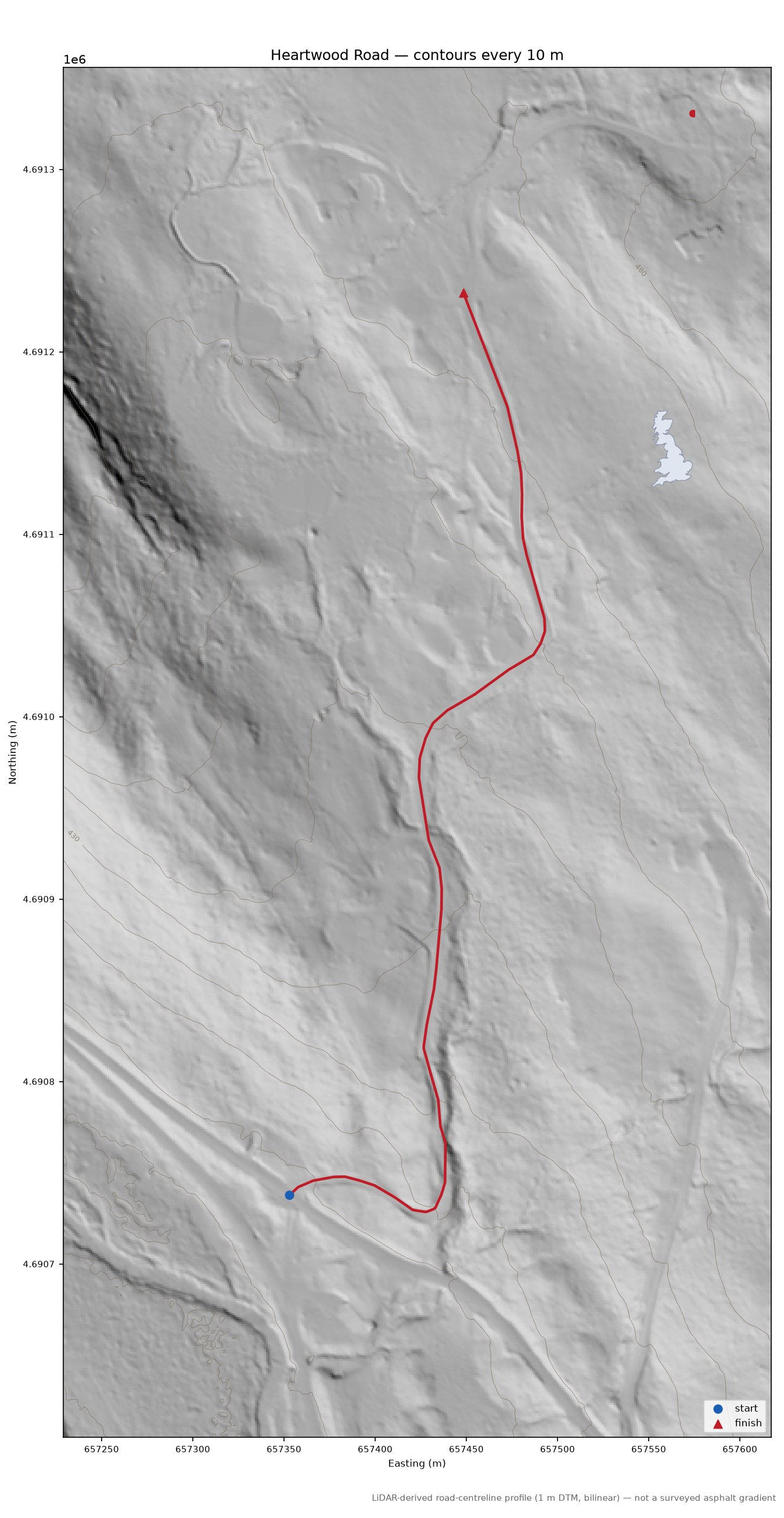 Heartwood Road LiDAR hillshade map with contours
