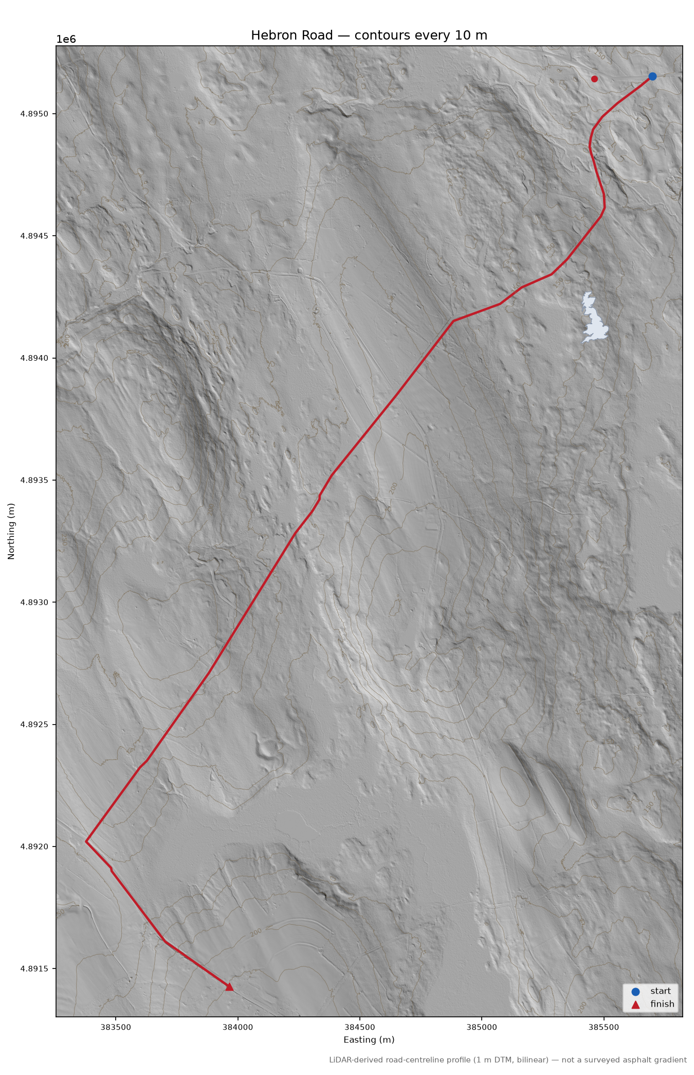 Hebron Road LiDAR hillshade map with contours
