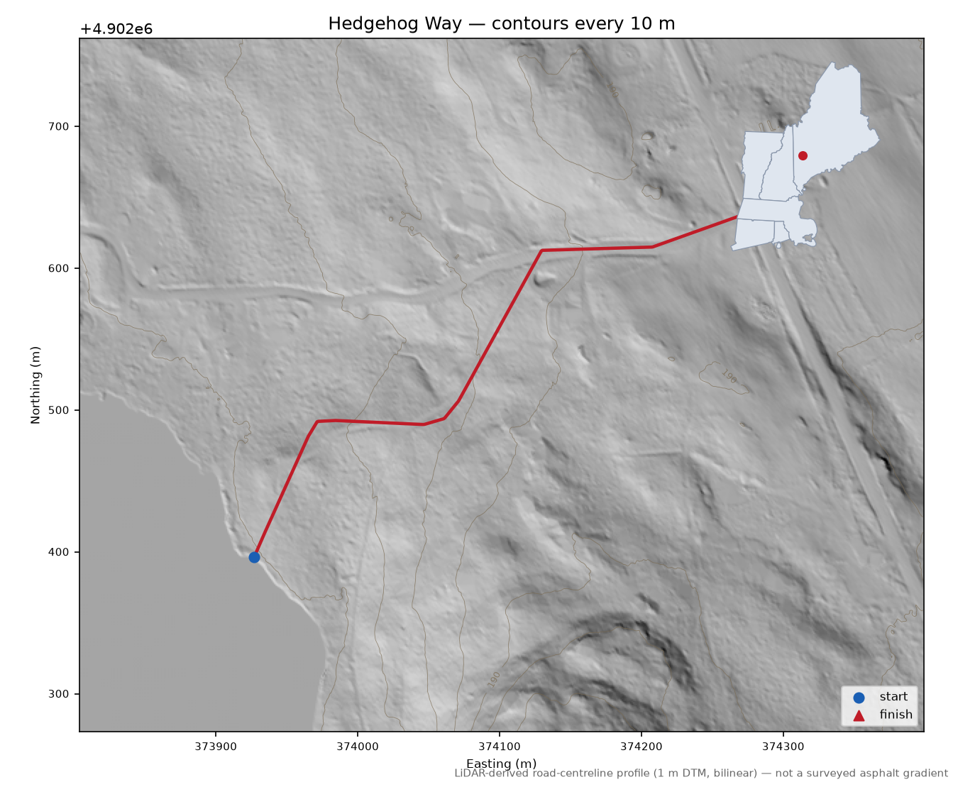 Hedgehog Way LiDAR hillshade map with contours