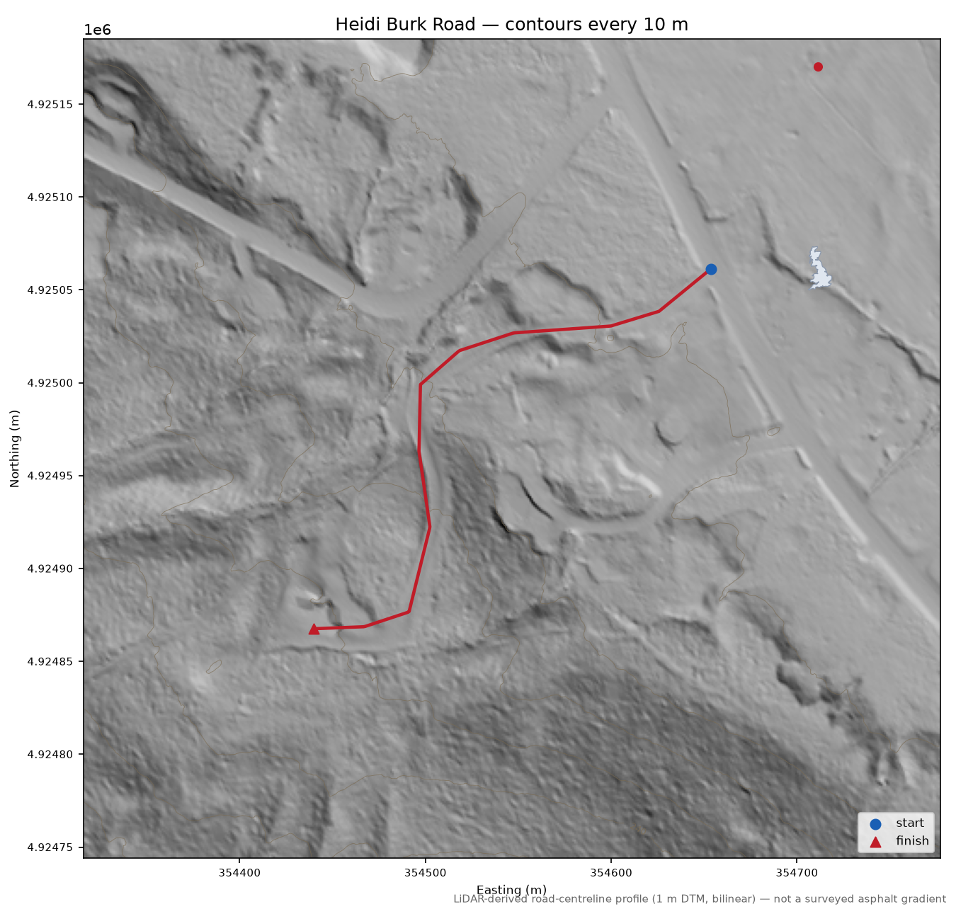 Heidi Burk Road LiDAR hillshade map with contours