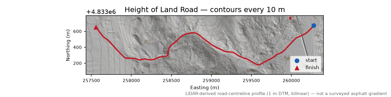 Height of Land Road LiDAR hillshade map with contours