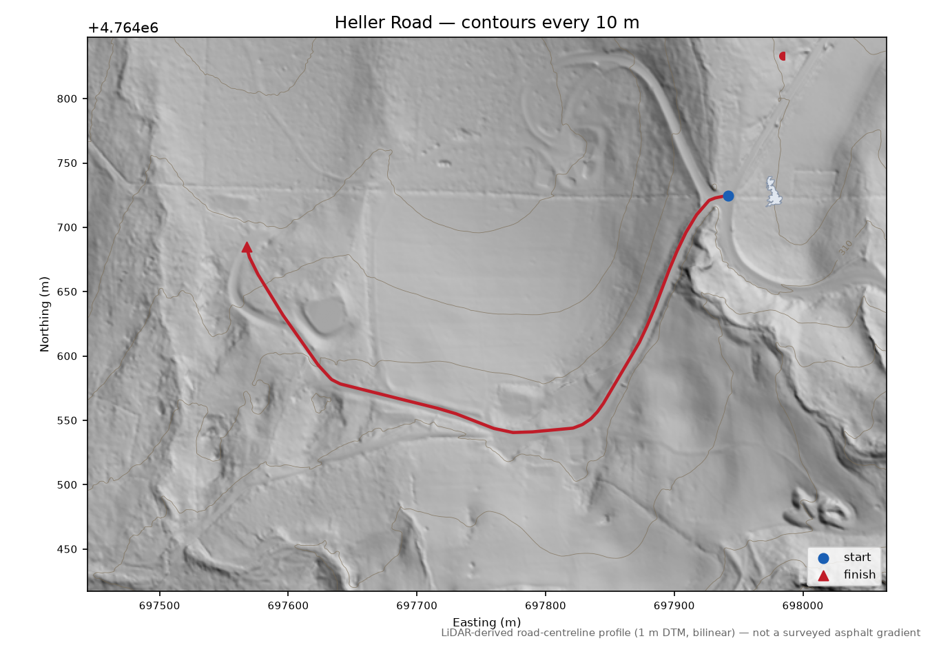 Heller Road LiDAR hillshade map with contours