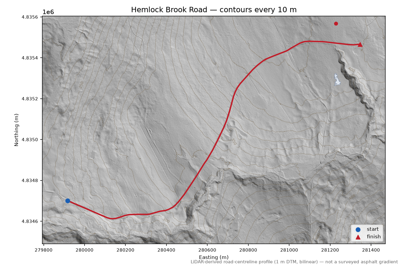 Hemlock Brook Road LiDAR hillshade map with contours
