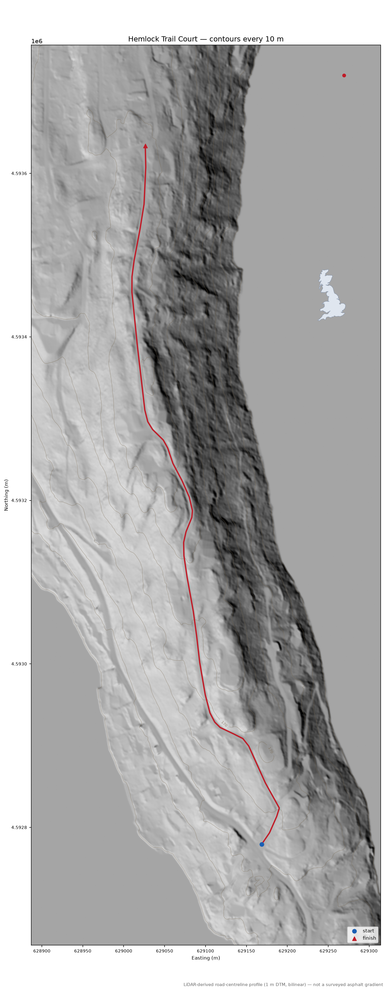 Hemlock Trail Court LiDAR hillshade map with contours