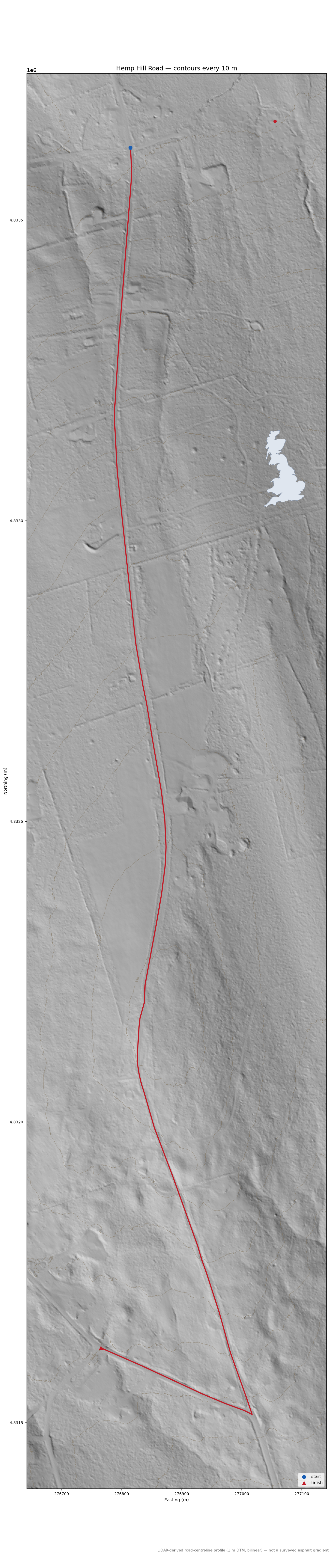 Hemp Hill Road LiDAR hillshade map with contours