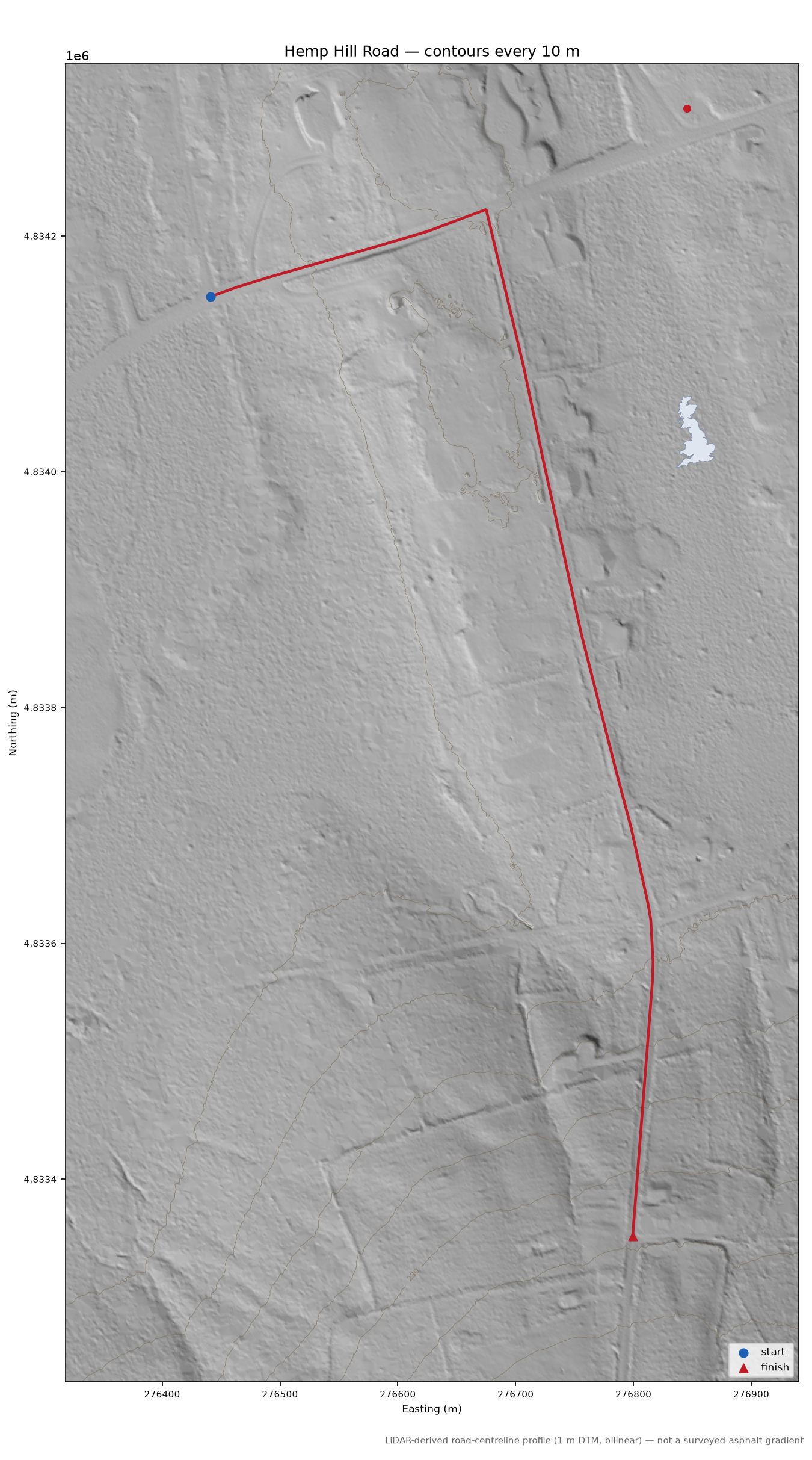 Hemp Hill Road LiDAR hillshade map with contours