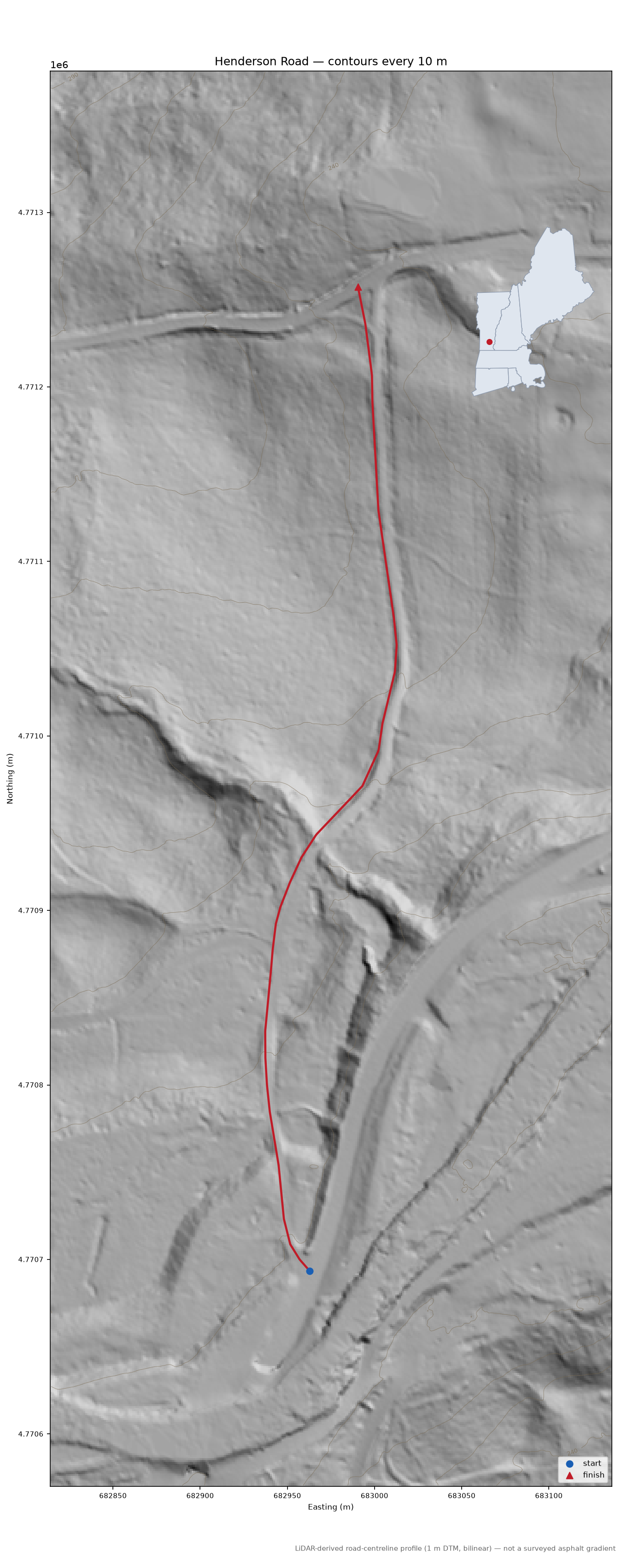 Henderson Road LiDAR hillshade map with contours